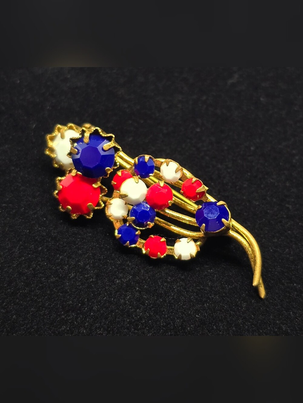 Vintage Patriotic Red White & Blue Floral Spray Rhinestone Pin Brooch Prong Set